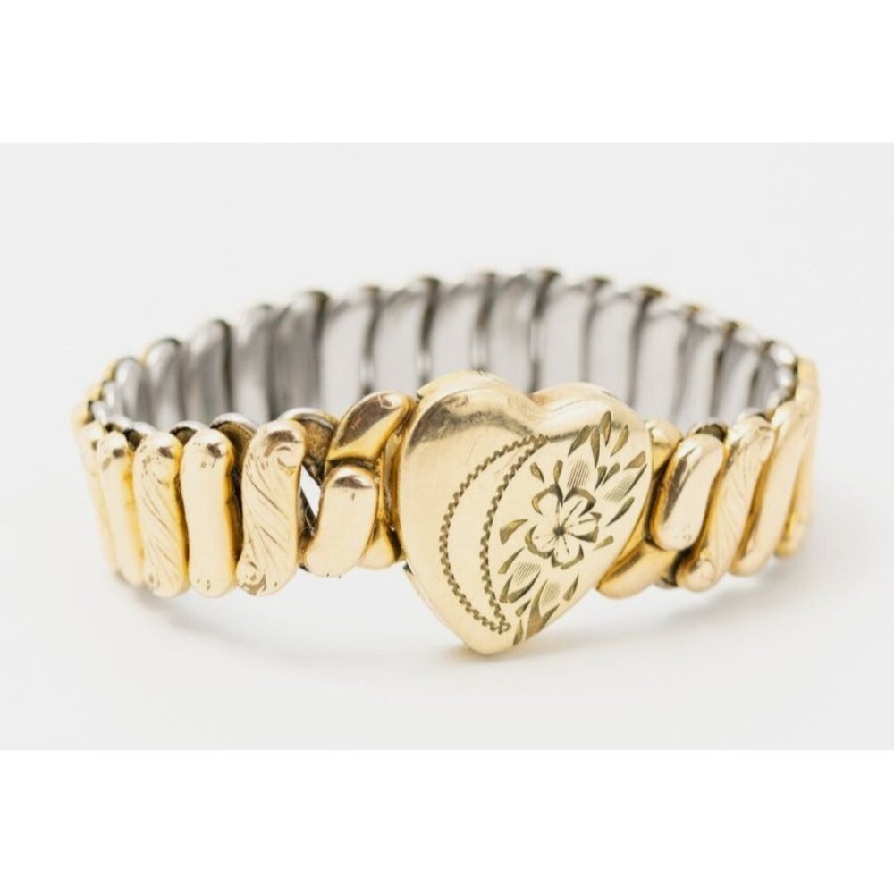 Vintage Gold & Silver Tone Heart Shaped Expansion Bracelet With Floral Engraving